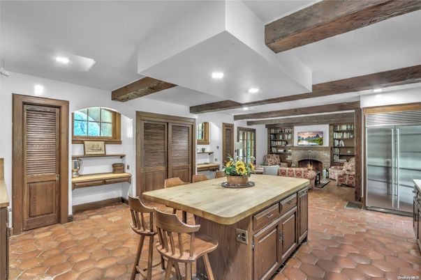 Fireplace, Interior, Kitchen, Living room, Recessed Lighting, Stainless Steel Appliances, Wooden Beams