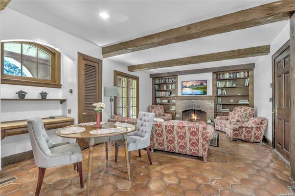 Fireplace, Interior, Living room, Recessed Lighting, Wooden Beams