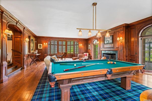 Billiard Table, Fireplace, Game Room, Interior, Pendant Lights, Wood Texture Flooring, Wooden Walls