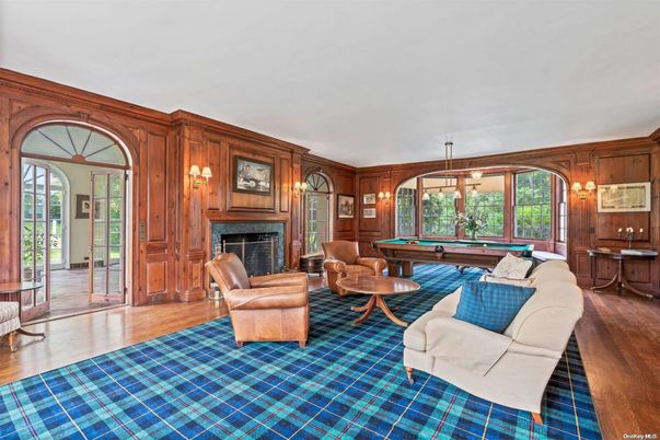 Billiard Table, Fireplace, Game Room, Interior, Living room, Pendant Lights, Wood Texture Flooring, Wooden Walls