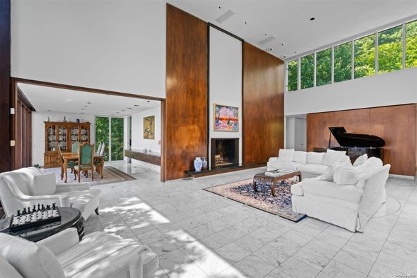 Dining room, Fireplace, Interior, Living room, Piano, Recessed Lighting, Wooden Walls