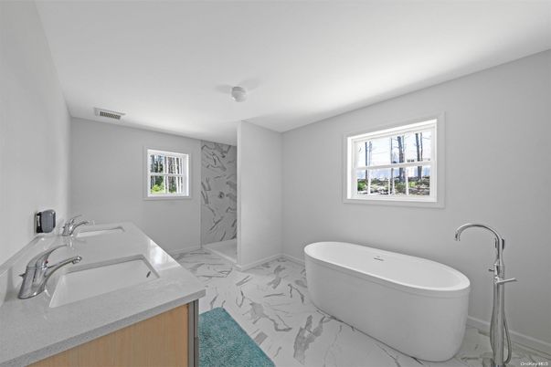 Bathroom, Dual Sink Vanities, Free Standing Baths, Interior, Marble, Marble Walls