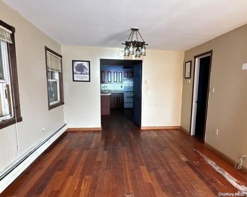 Empty room, Interior, Kitchen, Pendant Lights, Wood Texture Flooring