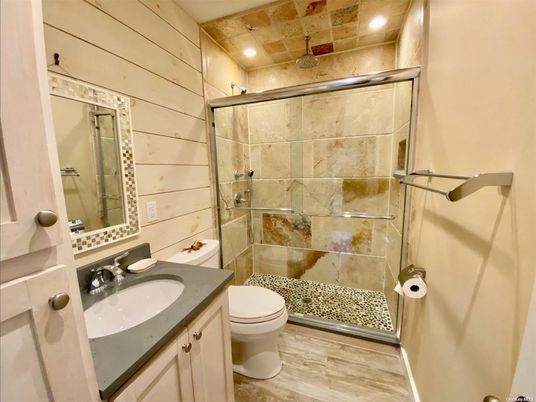Bathroom, Glass Shower, Interior, Recessed Lighting, Wood Texture Flooring