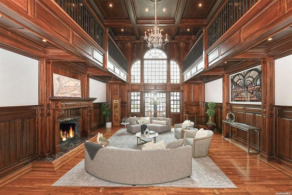 Chandelier, Fireplace, Interior, Living room, Recessed Lighting, Wooden Beams, Wood Texture Flooring, Wooden Walls