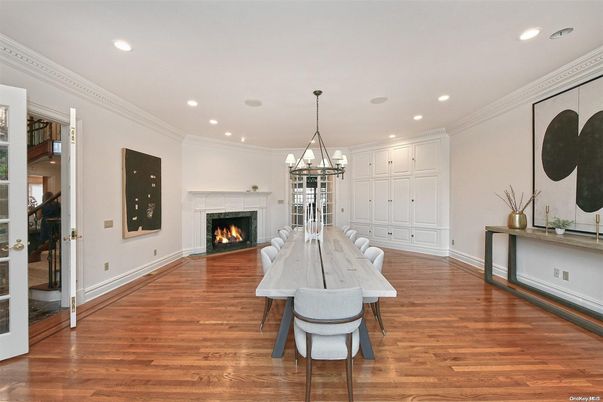Chandelier, Dining room, Fireplace, Interior, Recessed Lighting, Wood Texture Flooring