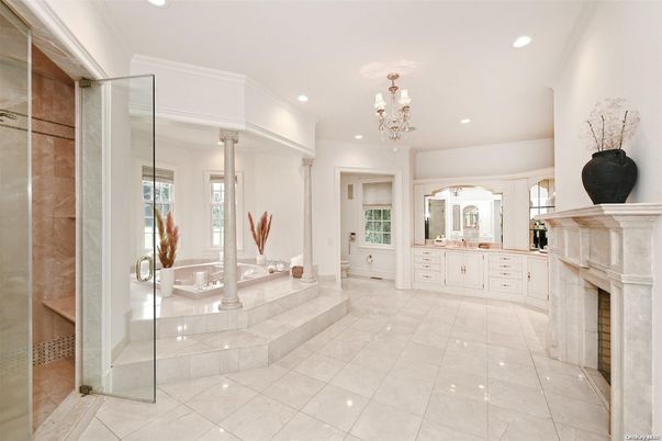 Bathroom, Chandelier, Fireplace, Glass Shower, Interior, Recessed Lighting