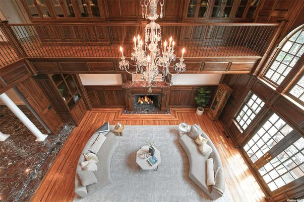 Chandelier, Fireplace, Interior, Living room, Wooden Beams, Wood Texture Flooring