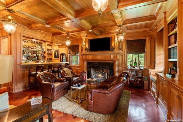 Fireplace, Interior, Living room, Pendant Lights, Wooden Beams, Wooden Ceilings, Wood Texture Flooring, Wooden Walls