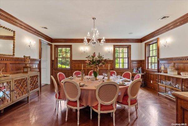Chandelier, Dining room, Interior, Wood Texture Flooring
