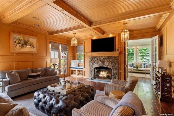 Chandelier, Fireplace, Interior, Living room, Wooden Beams, Wooden Ceilings, Wood Texture Flooring, Wooden Walls
