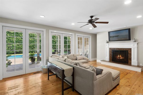Fireplace, Interior, Living room, Recessed Lighting, Wood Texture Flooring