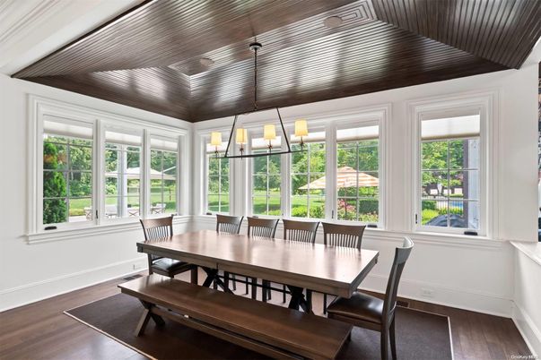 Dining room, Interior, Pendant Lights, Wood Texture Flooring