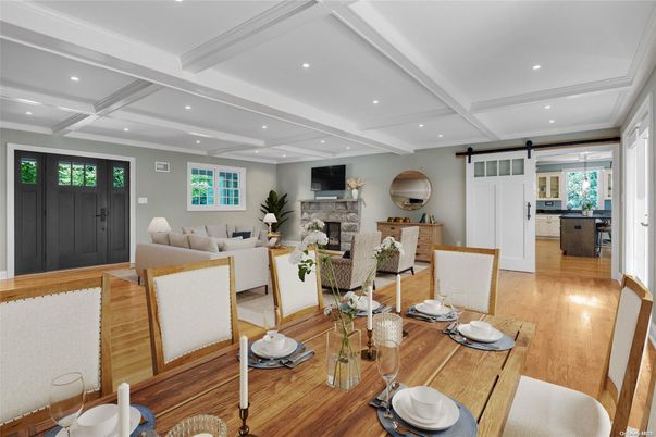 Dining room, Fireplace, Interior, Living room, Recessed Lighting, Wood Texture Flooring