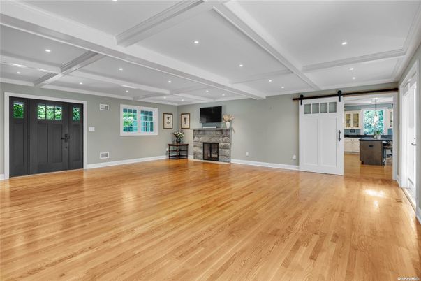 Empty room, Fireplace, Interior, Recessed Lighting, Wood Texture Flooring
