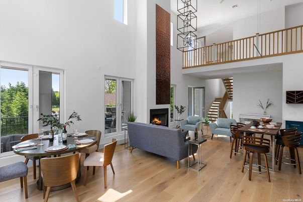Dining room, Fireplace, Interior, Living room, Pendant Lights, Wood Texture Flooring