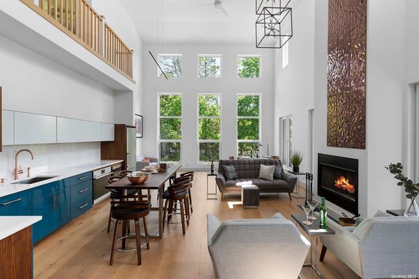Dining room, Fireplace, Interior, Kitchen, Living room, Pendant Lights, Wood Texture Flooring