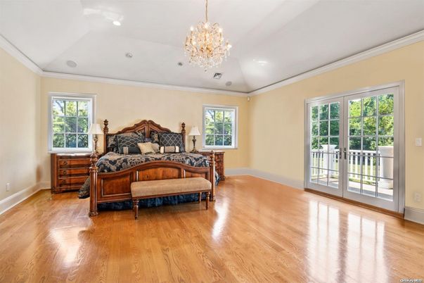 Bedroom, Chandelier, Interior, Recessed Lighting, Wood Texture Flooring
