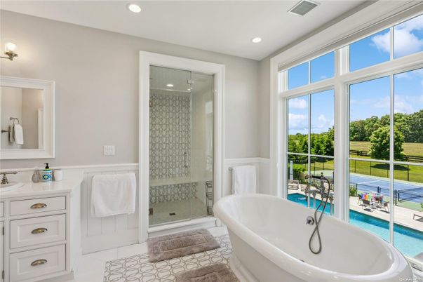 Bathroom, Free Standing Baths, Glass Shower, Interior, Recessed Lighting