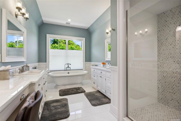 Bathroom, Dual Sink Vanities, Free Standing Baths, Glass Shower, Interior, Recessed Lighting