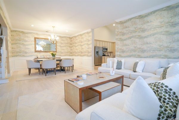 Chandelier, Dining room, Interior, Kitchen, Living room, Recessed Lighting, Stainless Steel Appliances, Stone Walls