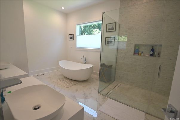 Bathroom, Free Standing Baths, Glass Shower, Interior, Marble, Recessed Lighting