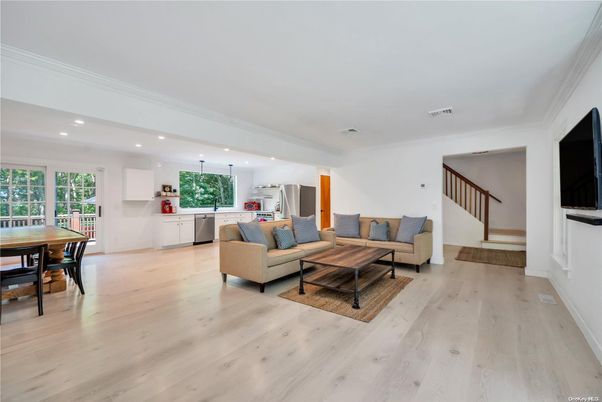 Dining room, Interior, Kitchen, Living room, Pendant Lights, Recessed Lighting, Stainless Steel Appliances, Wood Texture Flooring