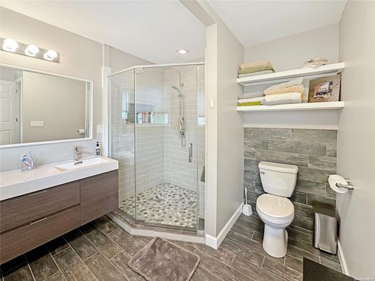 Bathroom, Glass Shower, Interior, Recessed Lighting, Wood Texture Flooring