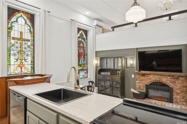 Fireplace, Interior, Kitchen, Pendant Lights, Recessed Lighting, Stone Walls