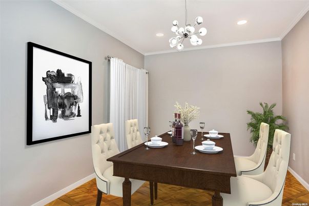 Dining room, Interior, Pendant Lights, Recessed Lighting, Wood Texture Flooring