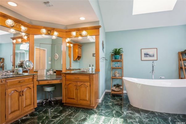 Bathroom, Dual Sink Vanities, Free Standing Baths, Interior, Marble, Recessed Lighting