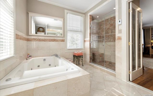 Bathroom, Glass Shower, Interior, Recessed Lighting, Wood Texture Flooring
