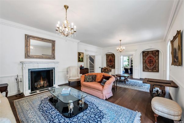 Chandelier, Dining room, Fireplace, Interior, Living room, Wood Texture Flooring