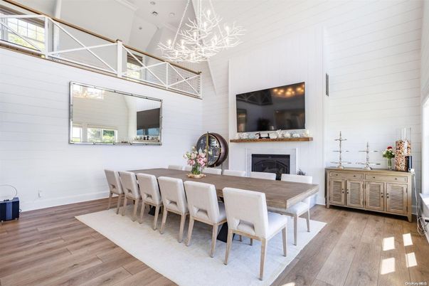 Dining room, Fireplace, Interior, Pendant Lights, Wood Texture Flooring