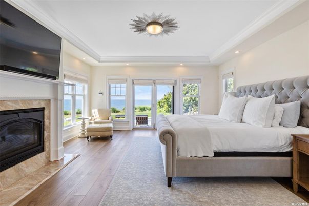 Bedroom, Fireplace, Interior, Recessed Lighting, Wood Texture Flooring