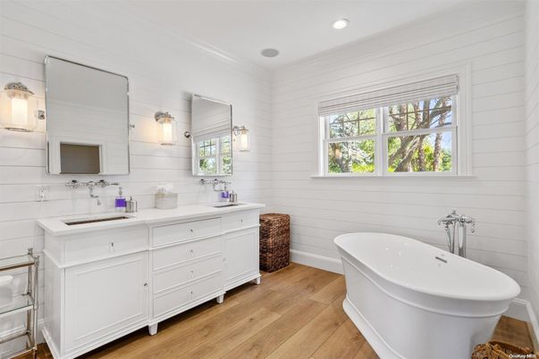 Bathroom, Dual Sink Vanities, Free Standing Baths, Interior, Recessed Lighting, Wood Texture Flooring