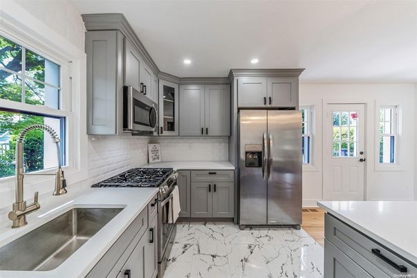 Interior, Kitchen, Marble, Recessed Lighting, Stainless Steel Appliances