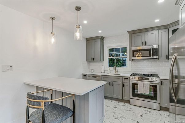 Interior, Kitchen, Marble, Pendant Lights, Recessed Lighting, Stainless Steel Appliances