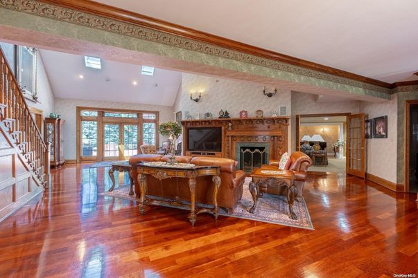 Fireplace, Interior, Living room, Recessed Lighting, Wooden Beams, Wood Texture Flooring