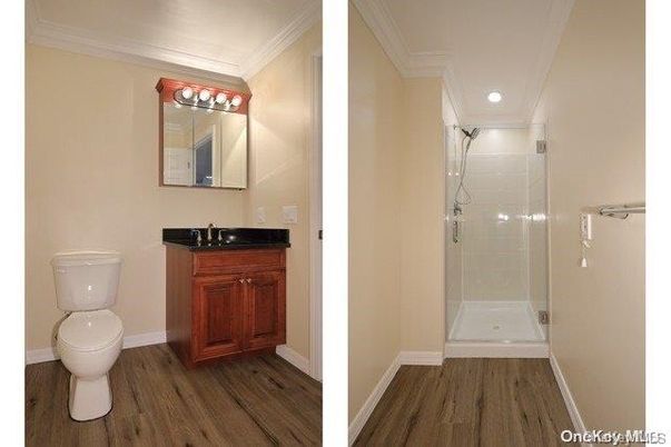 Bathroom, Glass Shower, Interior, Recessed Lighting, Wood Texture Flooring