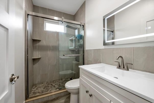Bathroom, Glass Shower, Interior, Wood Texture Flooring