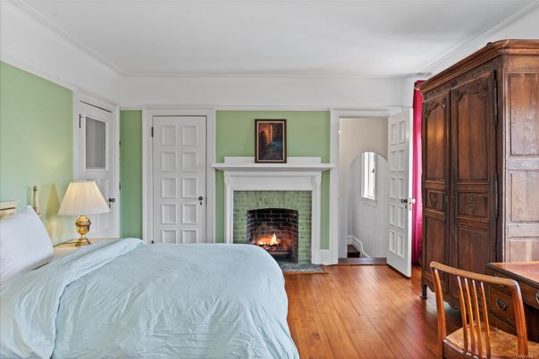Bedroom, Fireplace, Interior, Wood Texture Flooring