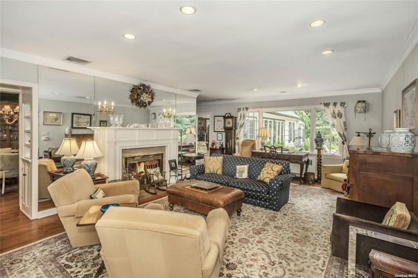 Chandelier, Dining room, Fireplace, Interior, Living room, Recessed Lighting, Wood Texture Flooring