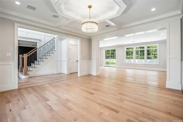 Chandelier, Empty room, Interior, Recessed Lighting, Wood Texture Flooring
