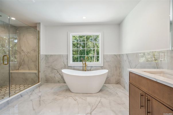 Bathroom, Free Standing Baths, Glass Shower, Interior, Marble, Marble Walls, Recessed Lighting