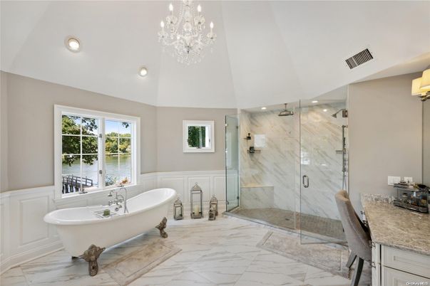 Bathroom, Chandelier, Free Standing Baths, Glass Shower, Interior, Marble, Marble Walls, Recessed Lighting