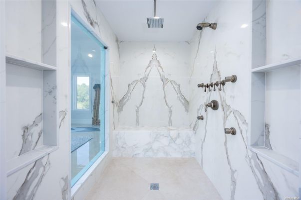 Bathroom, Glass Shower, Interior, Marble Walls, Recessed Lighting