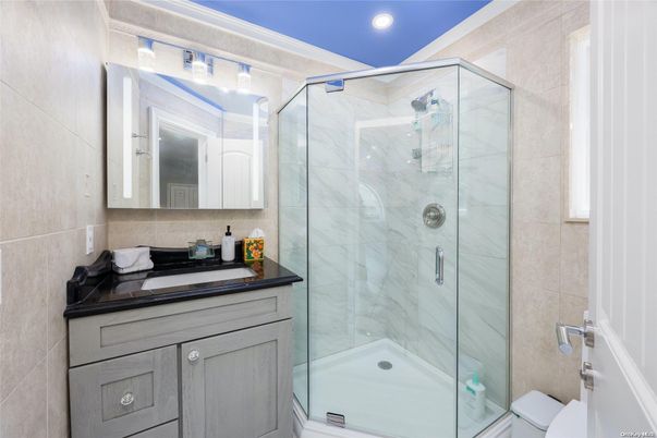 Bathroom, Glass Shower, Interior, Marble Walls, Recessed Lighting