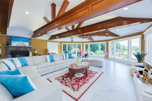 Fireplace, Interior, Living room, Recessed Lighting, Wooden Beams