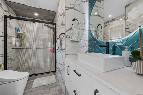 Bathroom, Glass Shower, Interior, Marble Walls, Recessed Lighting